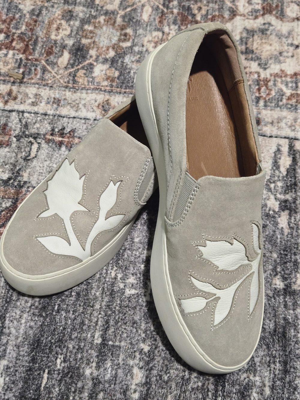 Frye Taupe Suede Slip-On Sneakers with White Floral Cut-out 7.5